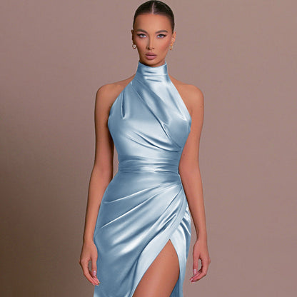Halter Stand Collar Sleeveless Slit Formal Dress Parties Maxi Dresses