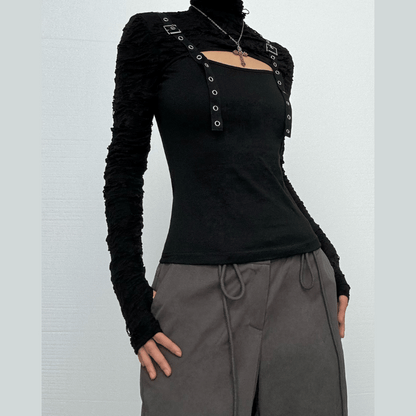 Long sleeve high neck hollow out buckle cut out top