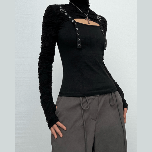 Long sleeve high neck hollow out buckle cut out top