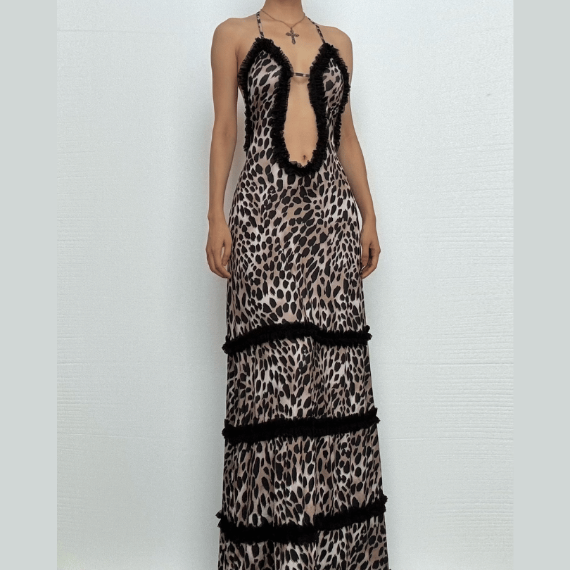 Halter deep v neck leopard print ruffle maxi dress-final-sale