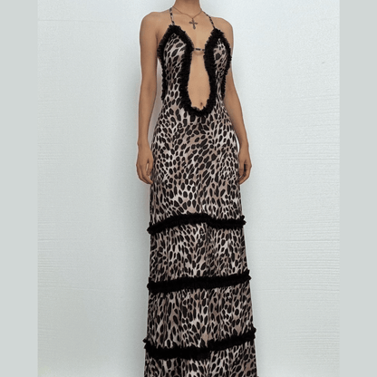 Halter deep v neck leopard print ruffle maxi dress-final-sale