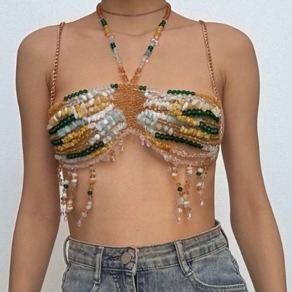 Halter beaded hollow out backless tassels cut out top