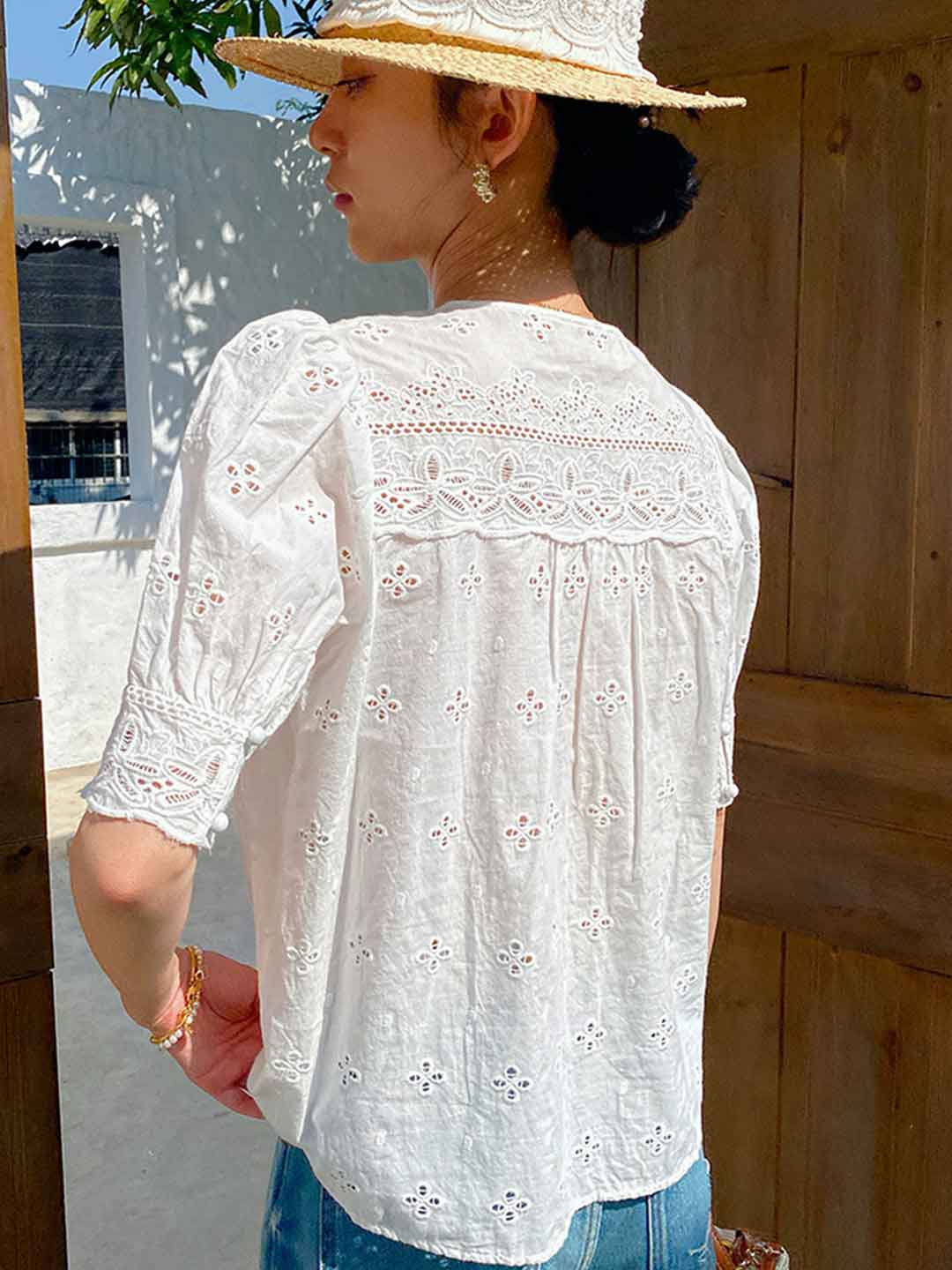 Aubrey Loose V-Neck Puff Sleeve Embroidered Top