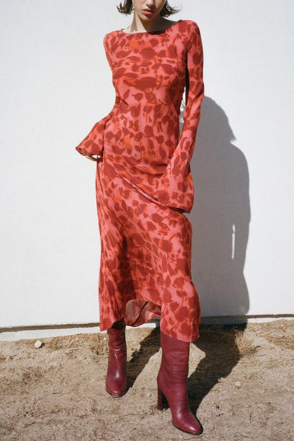 Bell Long Sleeves Floral Print Maxi Dress