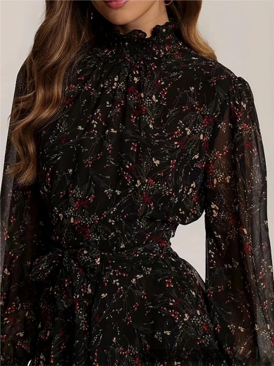 Turtleneck Wood Ear Belts Floral Mini&Short Dresses