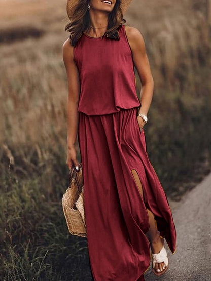 Round Neck Sleeveless Slit Long Dress