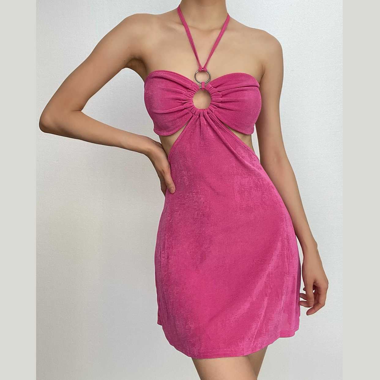 Halter O-Ring Cutout Side Waist Textured Bodycon Mini Dress