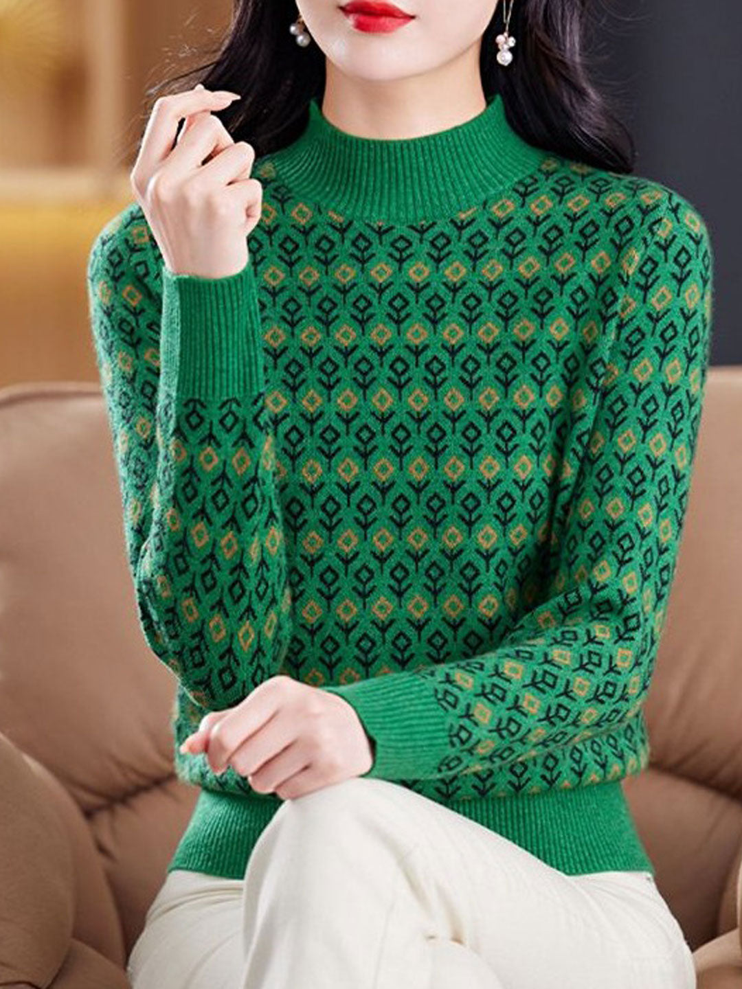 Brianna Classic Jacquard Turtleneck Knitted Sweater