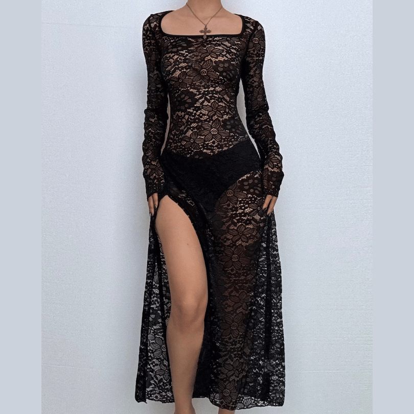 Long sleeve u neck lace slit maxi dress