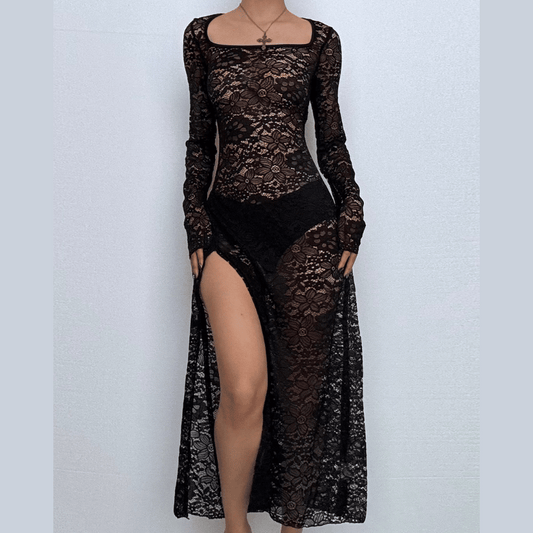 Long sleeve u neck lace slit maxi dress