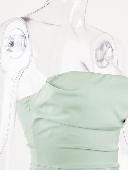 Ruched Satin Tube Top Split Maxi Dress