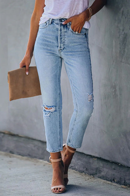 High Rise Distressed Ripped Skinny Jeans