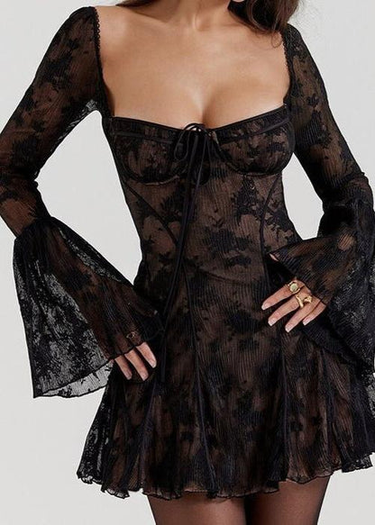 Self-Tie Lace Long Sleeve Dress - Vibrant Red