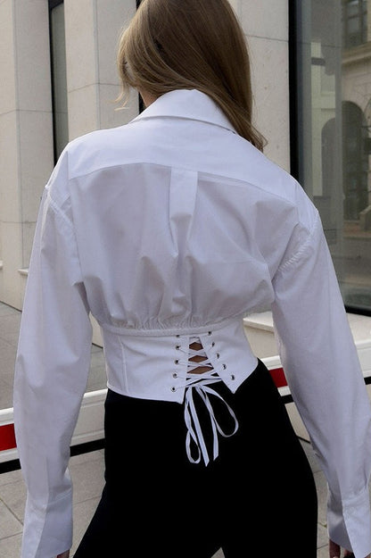 Women's Long-Sleeve Corset Cropped Shirt – Collared Tailored Top