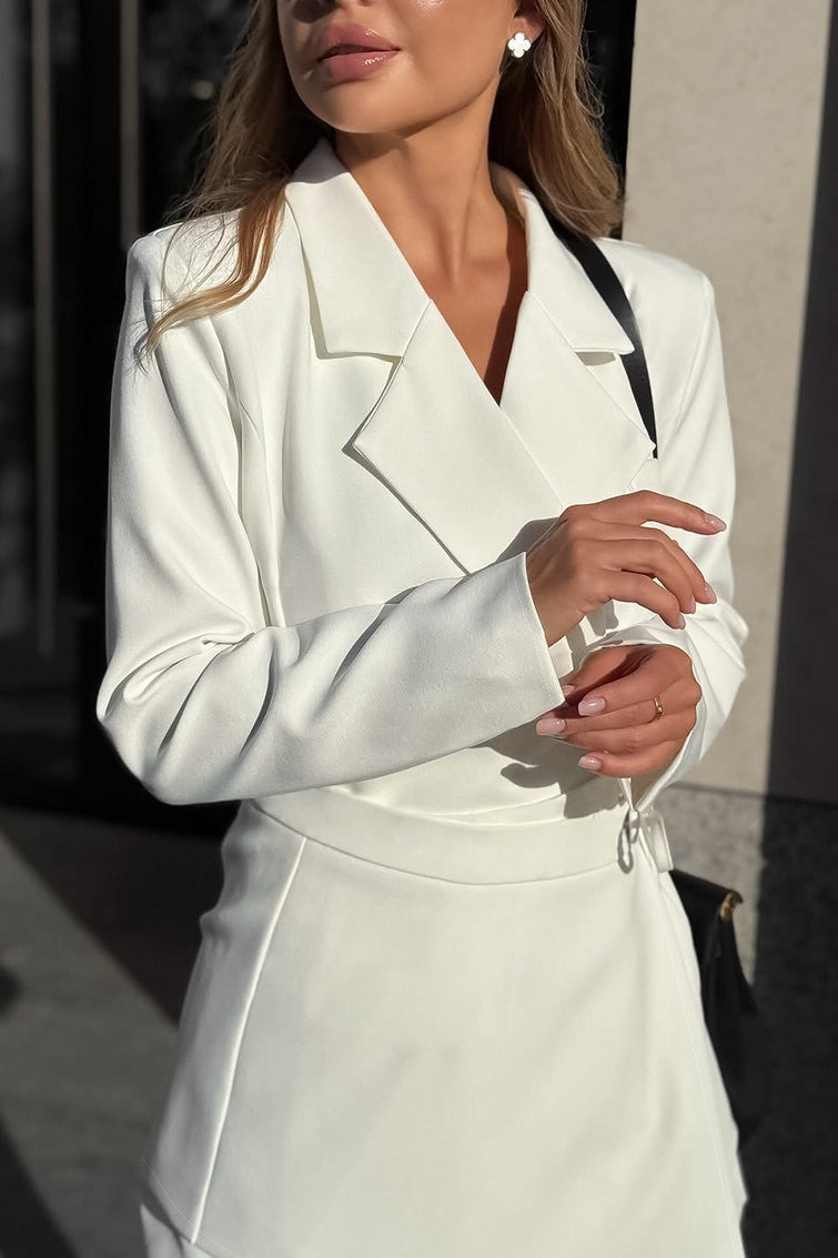 Notched Lapel Deep V-Neck Double Breasted Wrap Tie Waist Blazer Mini Dress