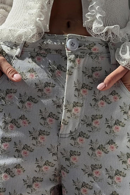 Light Blue Floral High Waist Wide Leg Jeans