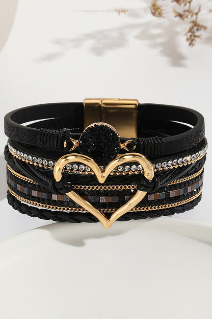 Bohemian Leather Cord Multi-layered Raw Stone Heart Bracelet