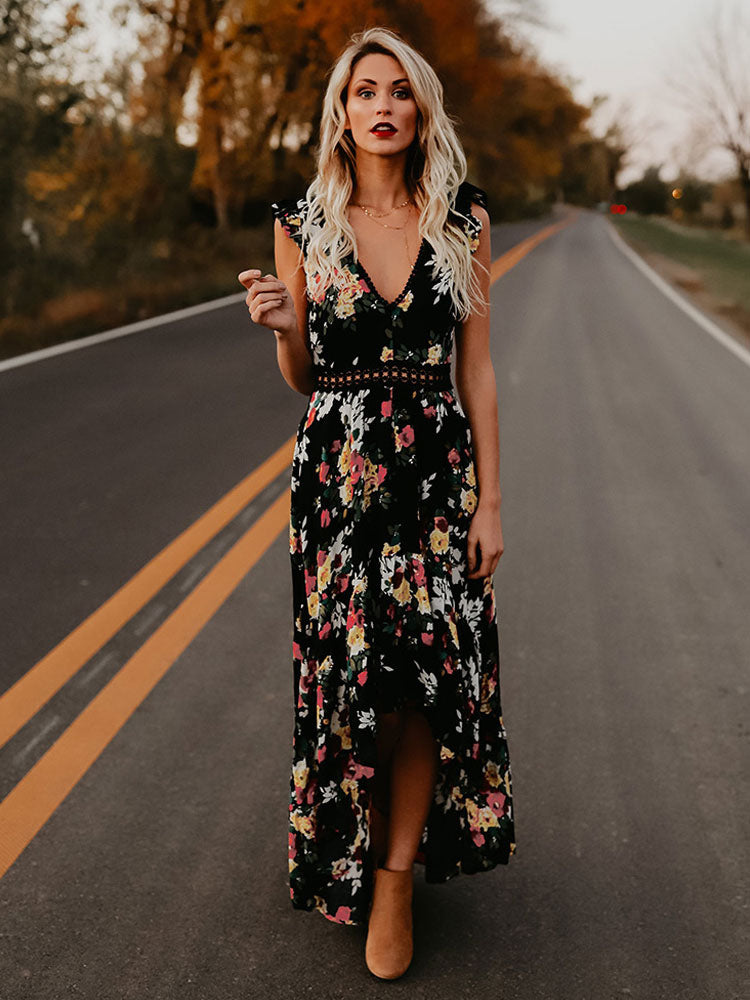 Black Floral Boho Maxi Dress for Women - High Low Hem Open Back Crochet Waist Long Dress - Summer Date Night Outfits 2026