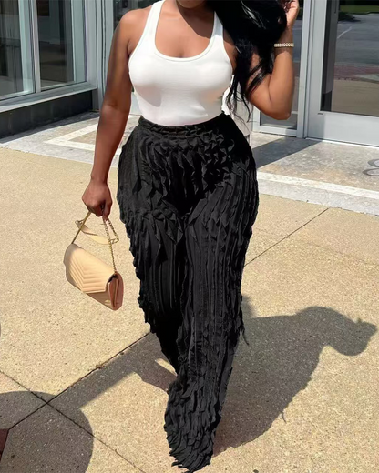 Ruffled Loose High-Waisted Trousers