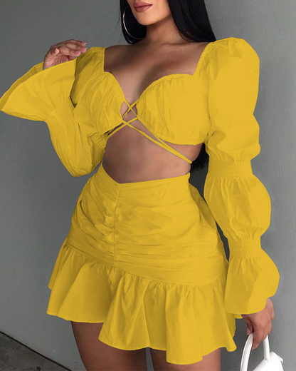 Balloon Sleeve Pleated Skirt Set