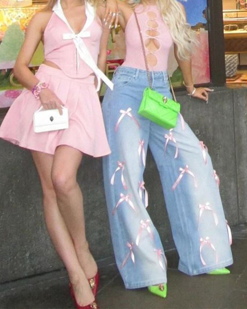 Bow High-Rise Wide-Leg Jeans