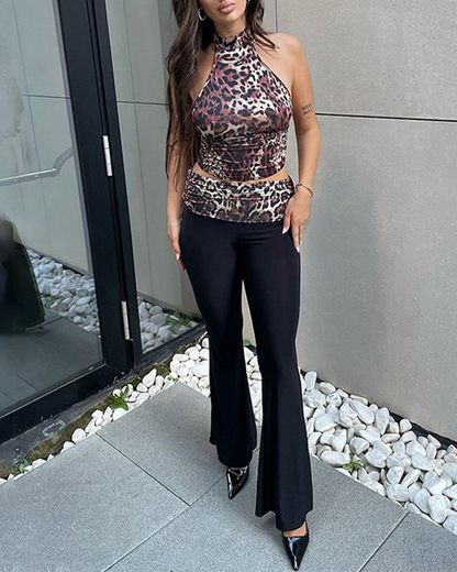Leopard Print Paneled Flared Trousers Suit