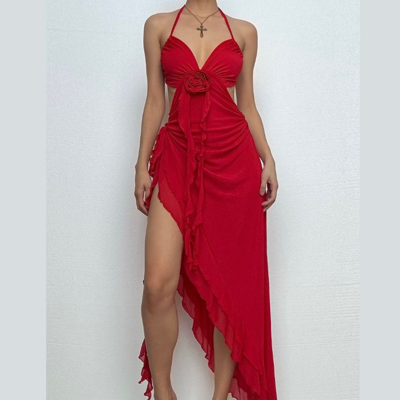 Halter flower applique ruffle backless slit maxi dress