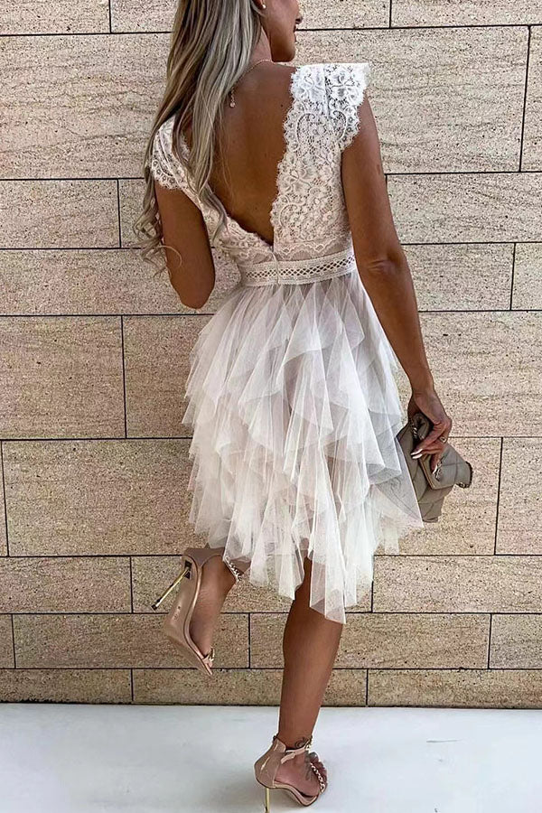 V-Neck Lace Sleeveless Layered Midi Dress