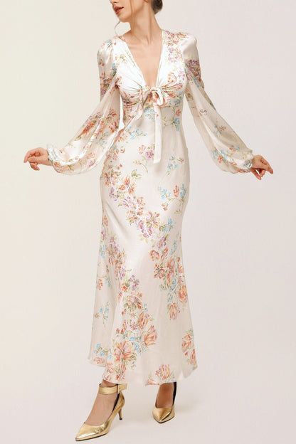 Melissa Floral Print V-Neck Satin Maxi Dress