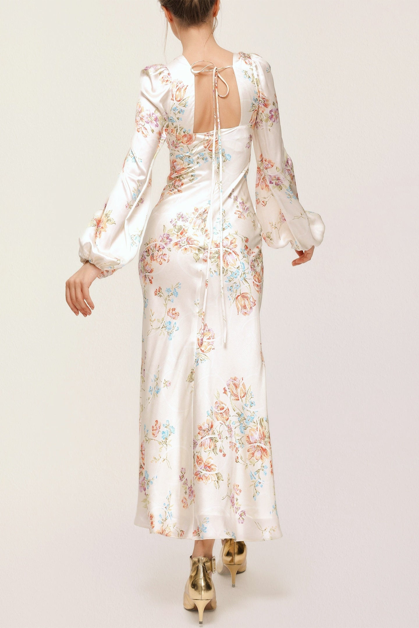 Melissa Floral Print V-Neck Satin Maxi Dress