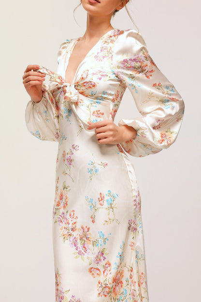 Melissa Floral Print V-Neck Satin Maxi Dress