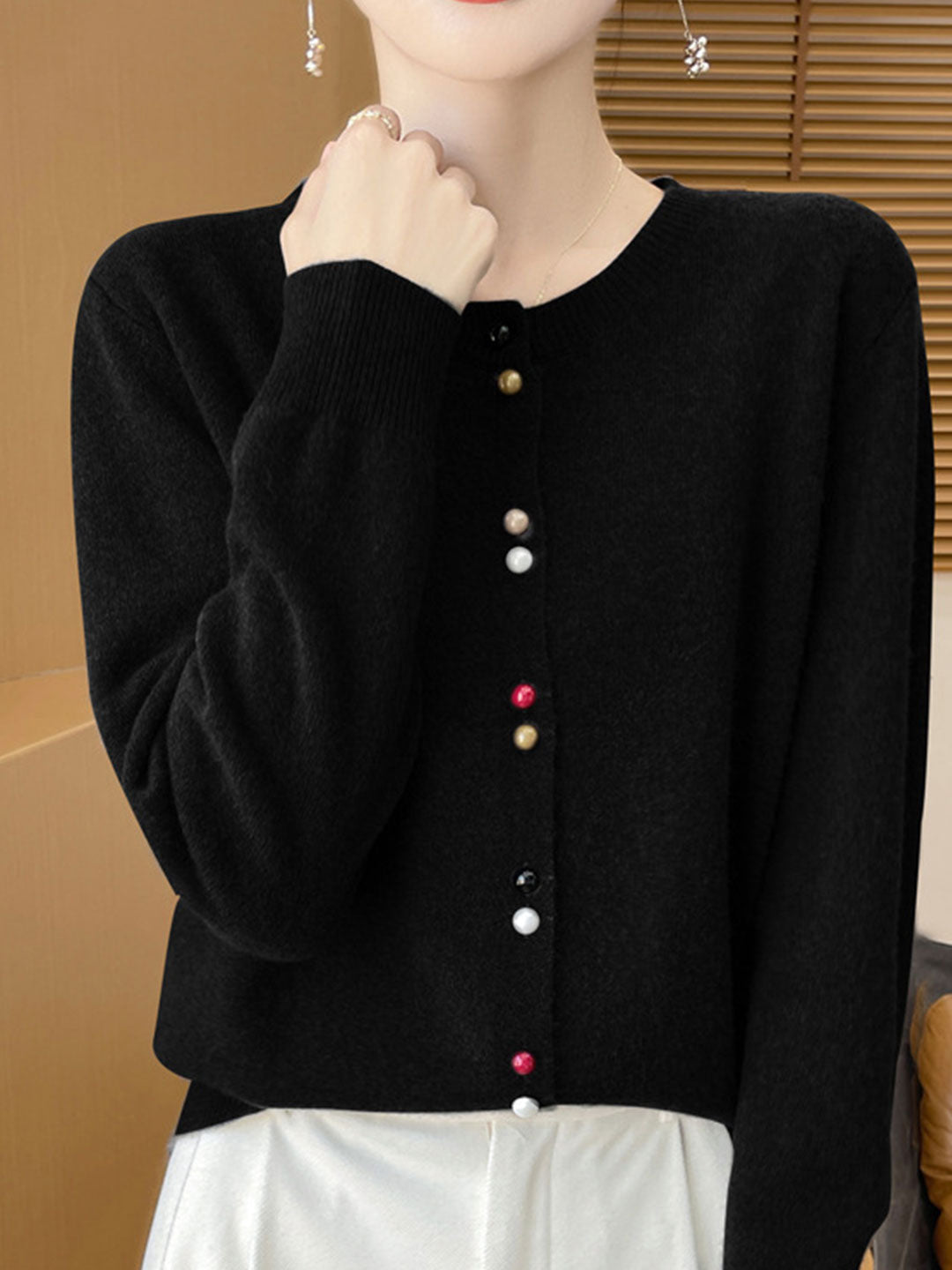 Mya Loose Crew Neck Solid Color Knitted Cardigan-Red