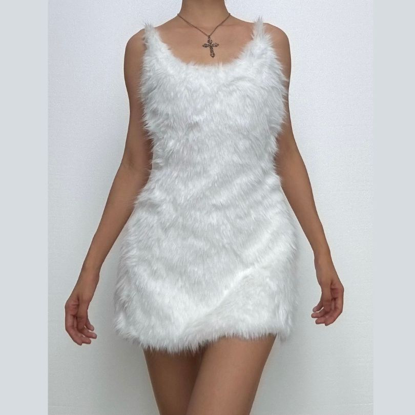 U neck fluffy zip-up backless cami mini dress