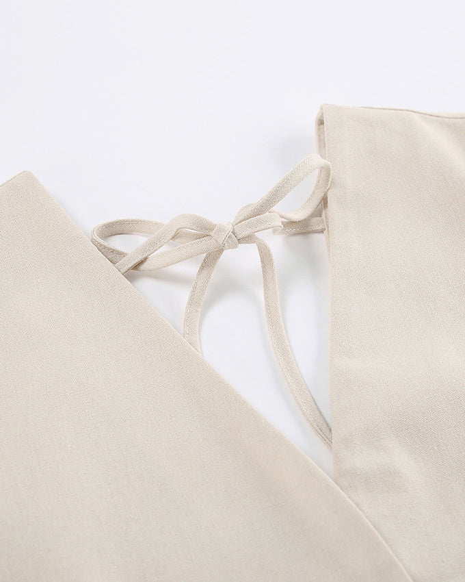 Cotton and Linen V Neck Puff Sleeve Backless Dress