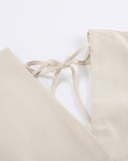 Cotton and Linen V Neck Puff Sleeve Backless Dress