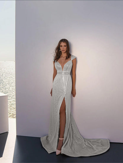 V Neck Slim Hip Wrapped Dress Sequined Split Dress