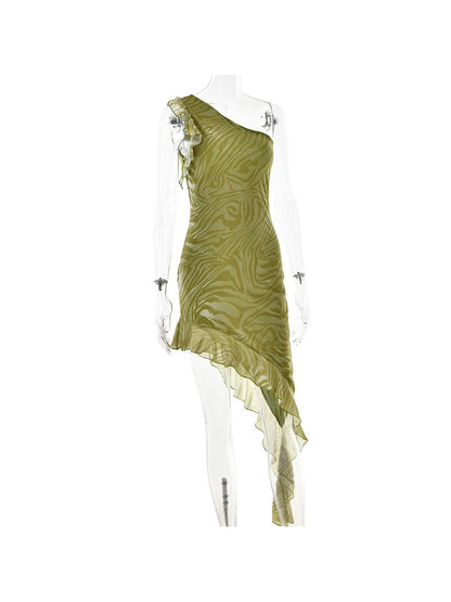 One Shoulder Mesh Stitching Hip Dress