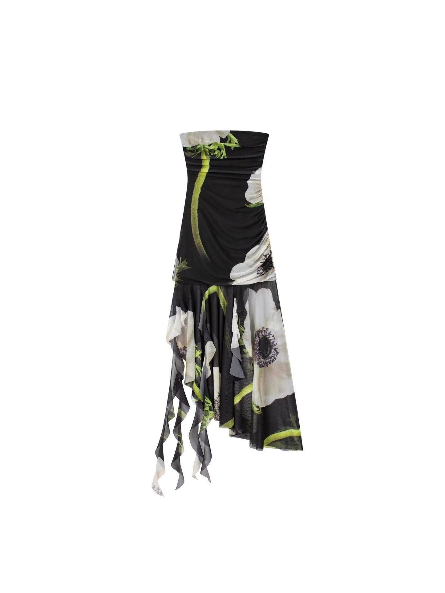 Tie Dye / Floral Print Tube Frill Dress