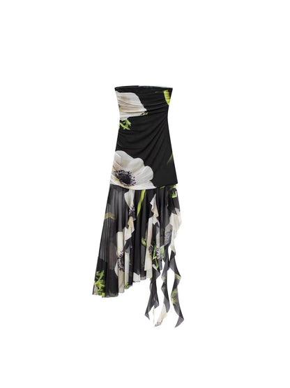 Tie Dye / Floral Print Tube Frill Dress