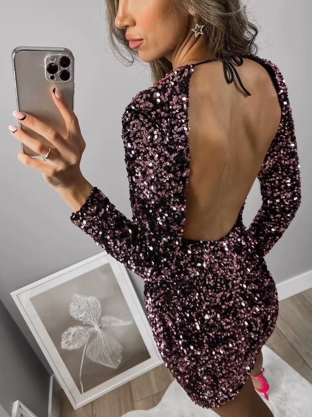 Sequins Hollow Out Cutout Backless Lace up Dress