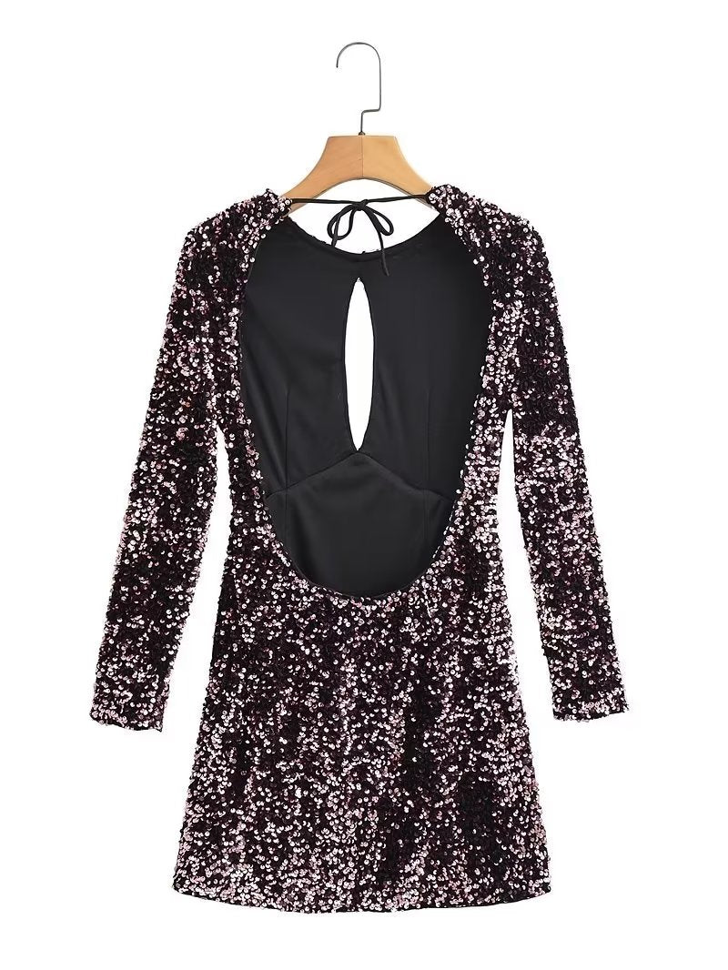 Sequins Hollow Out Cutout Backless Lace up Dress