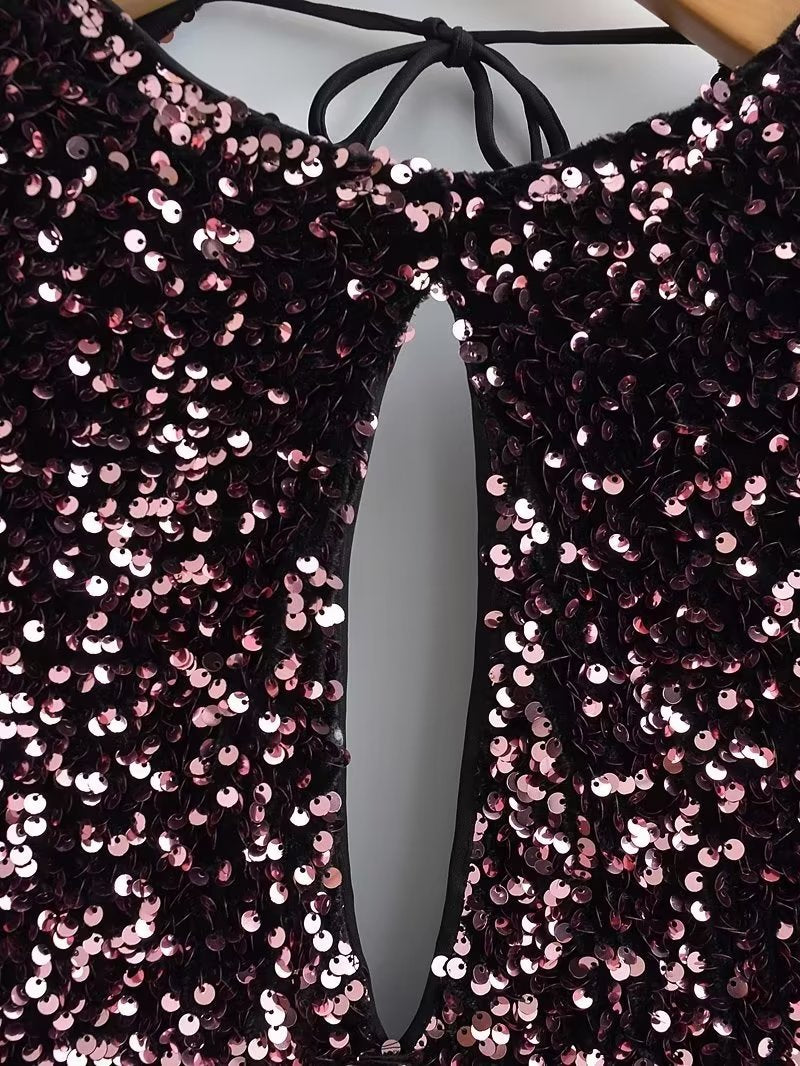 Sequins Hollow Out Cutout Backless Lace up Dress