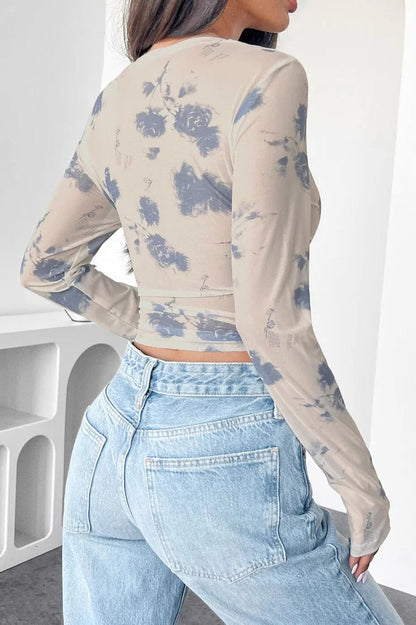 Mesh Floral Ruched Side Blouse