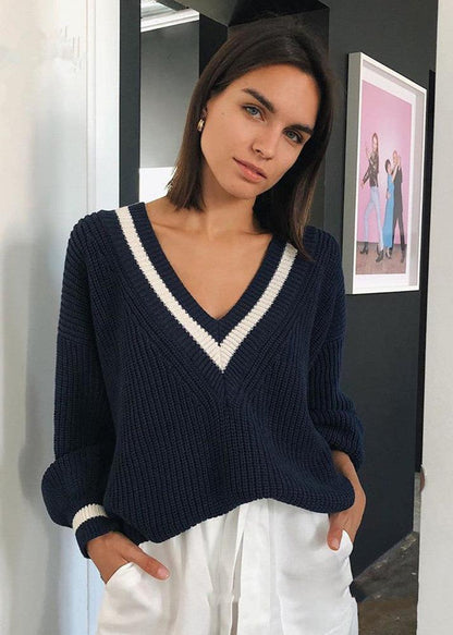 Casual Contrast-Stitch Slim Loose Knit Sweater