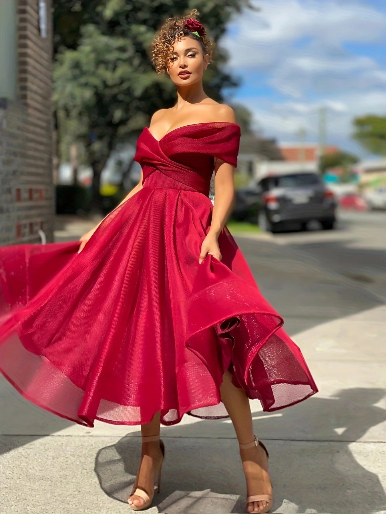 Plus Size V neck Slim Dress Solid Color