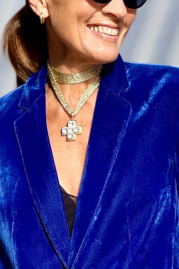 Blue Gold Velvet Lapel Blazer