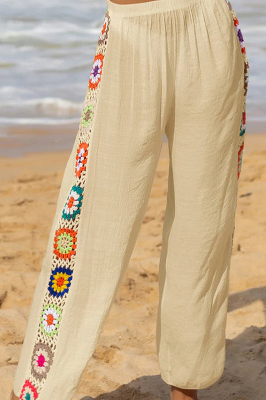 Dimarco Linen Blend Colorful Crochet Flower Patchwork Stretch Waist Wide Leg Pants