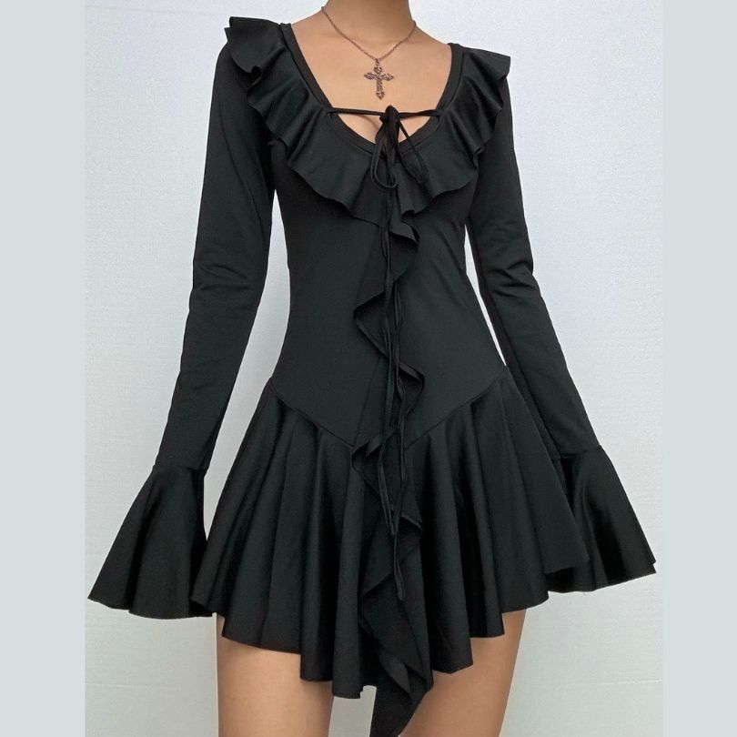 Long flared sleeve v neck self tie ruffle mini dress