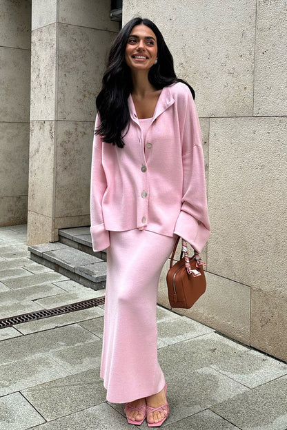 Elegant Minimalist Knit Long Sleeve Cardigan Cami Three Piece Set