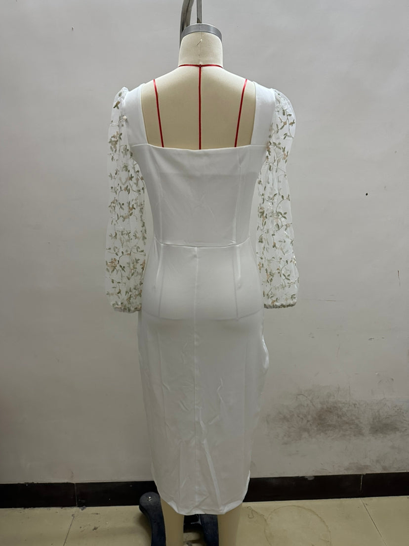 Square Neck Fishnet Embroidery Stitching Hip Dress